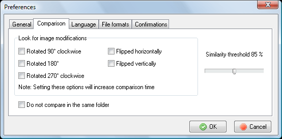 Image comparison options dialog