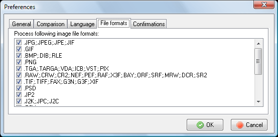 select the image formats you want to locate duplicates from